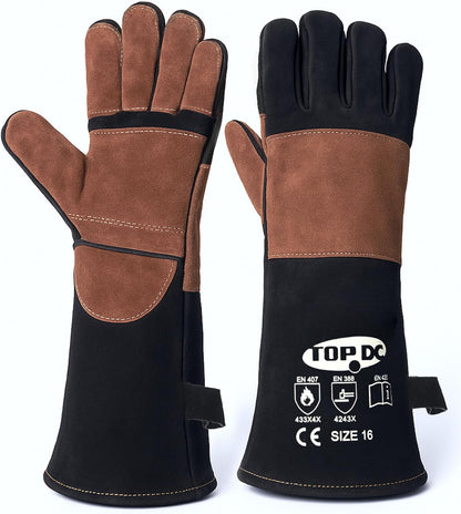 Welding Gloves 16-Inch 932°F Heat Resistant Leather for MIG, Stick | Foil Layer, 1.2 mm Cowhide, Kevlar Stitching and Cotton Lining; Cuff Protects Forearms for Fireplace, Grill and Stove Use