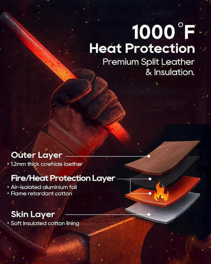Welding Gloves 16-Inch 932°F Heat Resistant Leather for MIG, Stick | Foil Layer, 1.2 mm Cowhide, Kevlar Stitching and Cotton Lining; Cuff Protects Forearms for Fireplace, Grill and Stove Use