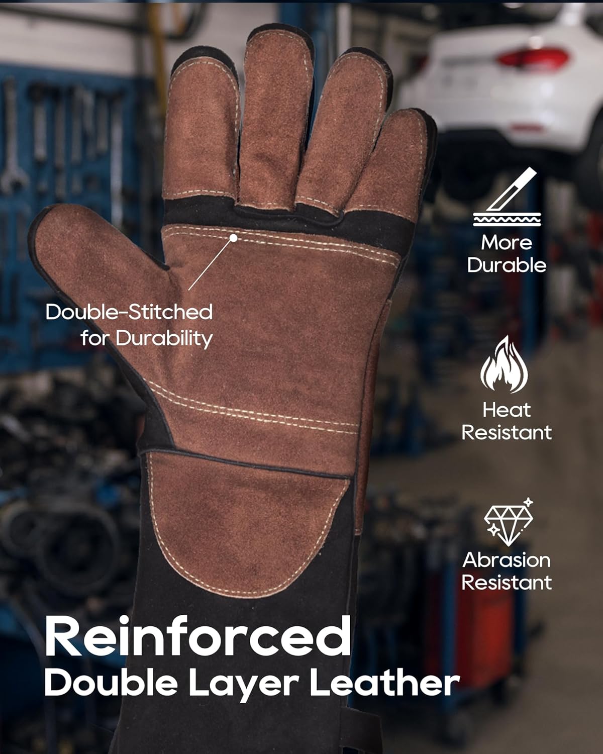 Welding Gloves 16-Inch 932°F Heat Resistant Leather for MIG, Stick | Foil Layer, 1.2 mm Cowhide, Kevlar Stitching and Cotton Lining; Cuff Protects Forearms for Fireplace, Grill and Stove Use