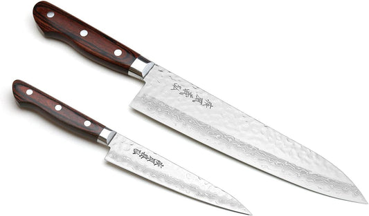 Yoshihiro VG10 16 Layer Hammered Damascus Stainless Steel Gyuto 9.5'' (240mm) Japanese Chefs Knife & Petty Utility Knife 5.3'' (135mm) SET