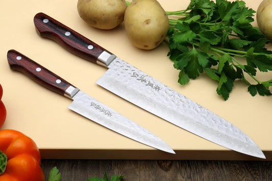 Yoshihiro VG10 16 Layer Hammered Damascus Stainless Steel Gyuto 9.5'' (240mm) Japanese Chefs Knife & Petty Utility Knife 5.3'' (135mm) SET