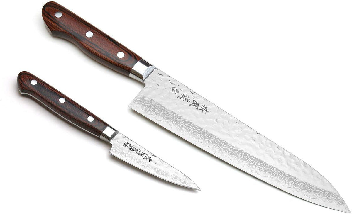 Yoshihiro VG10 16 Layer Hammered Damascus Stainless Steel Gyuto 9.5'' (240mm) Japanese Chefs Knife & Petty Utility Knife 5.3'' (135mm) SET