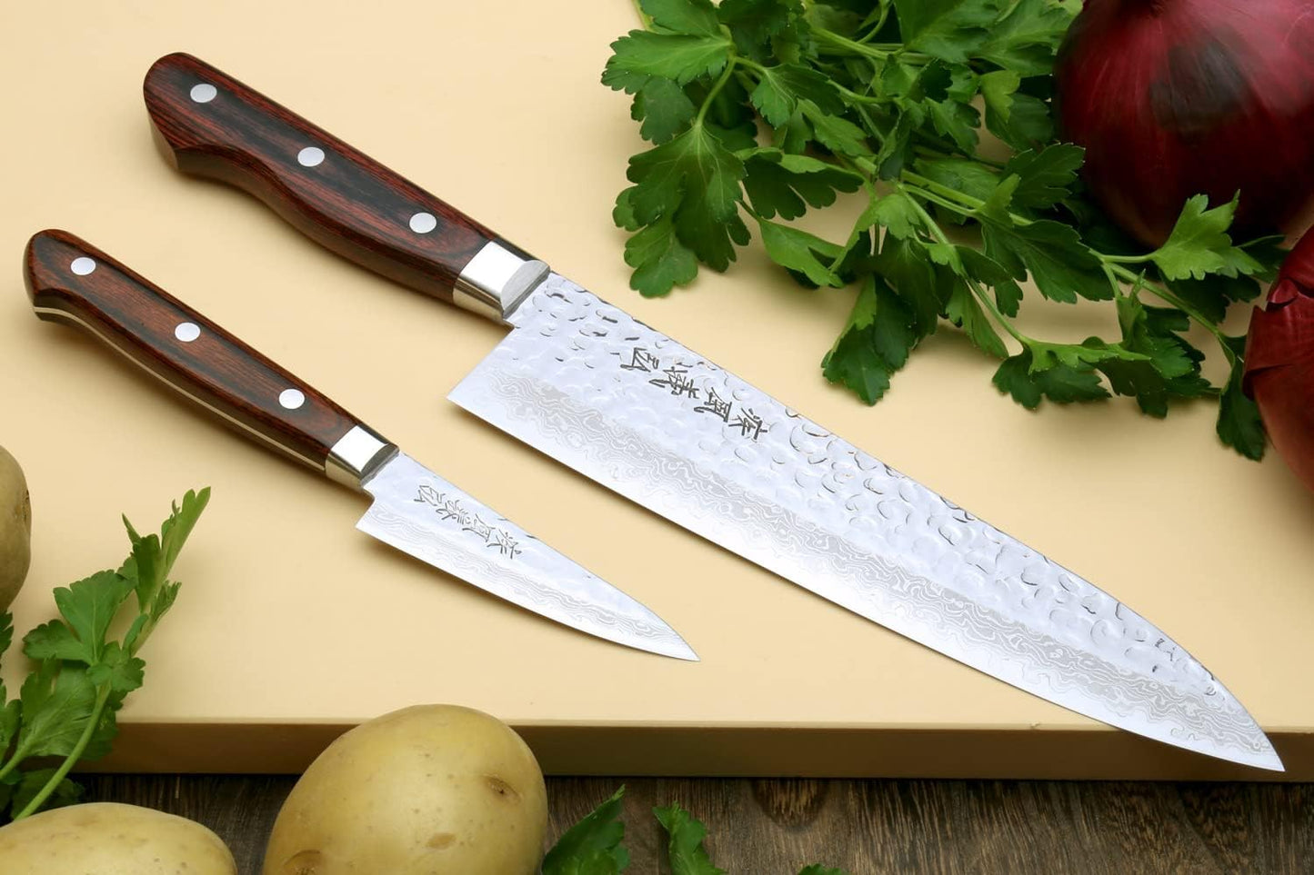 Yoshihiro VG10 16 Layer Hammered Damascus Stainless Steel Gyuto 9.5'' (240mm) Japanese Chefs Knife & Petty Utility Knife 5.3'' (135mm) SET