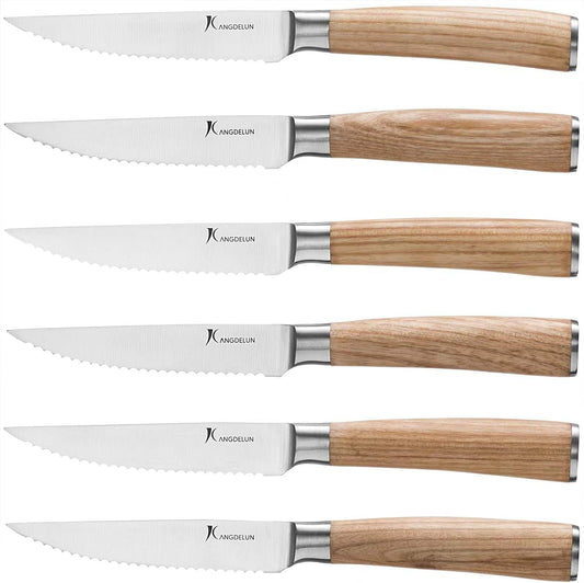 Ultra Sharp 6-Piece Steak Knife Set, 4.5" Serrated Blades, 50Cr15MoV High-Carbon Stainless Steel, Torrefied Natural Ash Wood Handles, Magnetic Gift Box