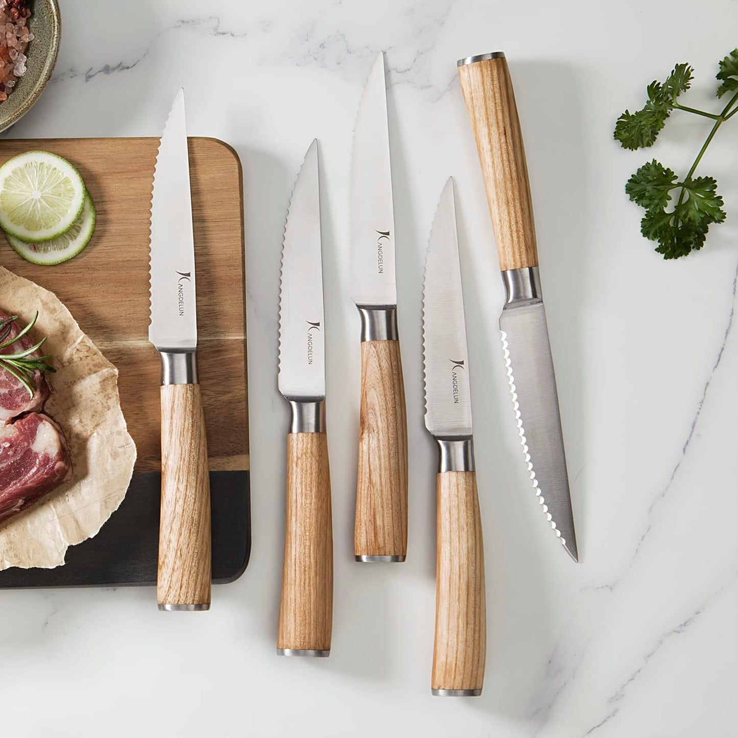 Ultra Sharp 6-Piece Steak Knife Set, 4.5" Serrated Blades, 50Cr15MoV High-Carbon Stainless Steel, Torrefied Natural Ash Wood Handles, Magnetic Gift Box