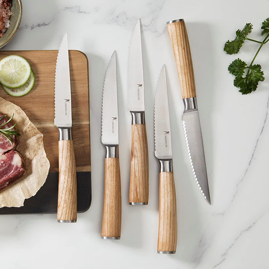 Ultra Sharp 6-Piece Steak Knife Set, 4.5" Serrated Blades, 50Cr15MoV High-Carbon Stainless Steel, Torrefied Natural Ash Wood Handles, Magnetic Gift Box