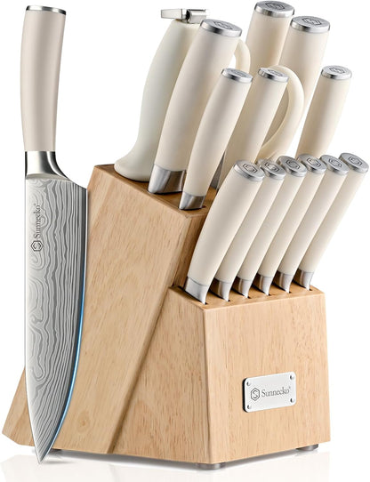 Knife Set with Block and Sharpener, 15 Piece Kitchen Knife Block Set Sharp Kitchen Knives High Carbon Stainless Steel with White Handles