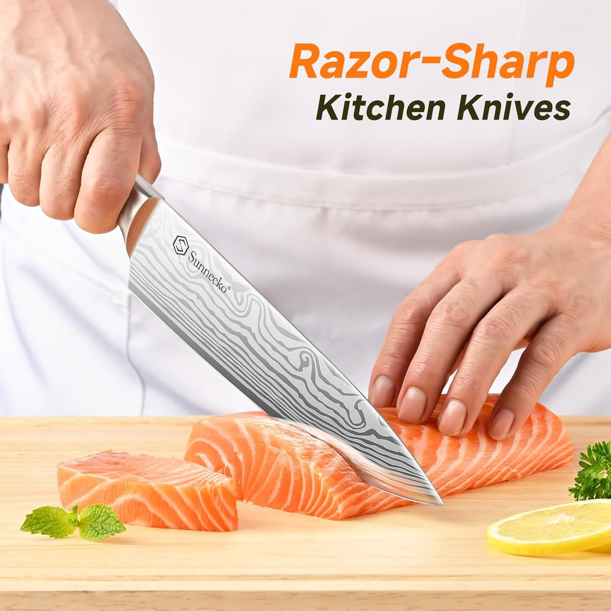Knife Set with Block and Sharpener, 15 Piece Kitchen Knife Block Set Sharp Kitchen Knives High Carbon Stainless Steel with White Handles