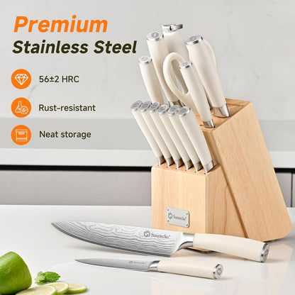 Knife Set with Block and Sharpener, 15 Piece Kitchen Knife Block Set Sharp Kitchen Knives High Carbon Stainless Steel with White Handles