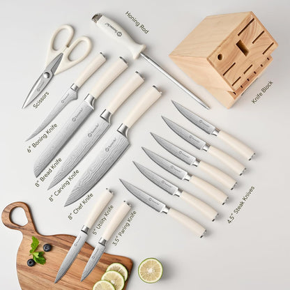 Knife Set with Block and Sharpener, 15 Piece Kitchen Knife Block Set Sharp Kitchen Knives High Carbon Stainless Steel with White Handles