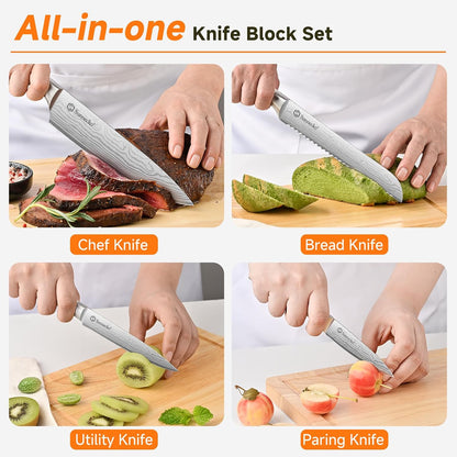 Knife Set with Block and Sharpener, 15 Piece Kitchen Knife Block Set Sharp Kitchen Knives High Carbon Stainless Steel with White Handles