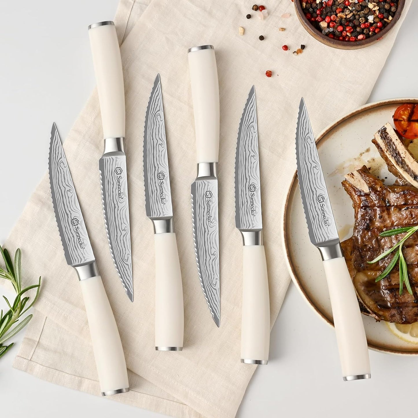 Knife Set with Block and Sharpener, 15 Piece Kitchen Knife Block Set Sharp Kitchen Knives High Carbon Stainless Steel with White Handles