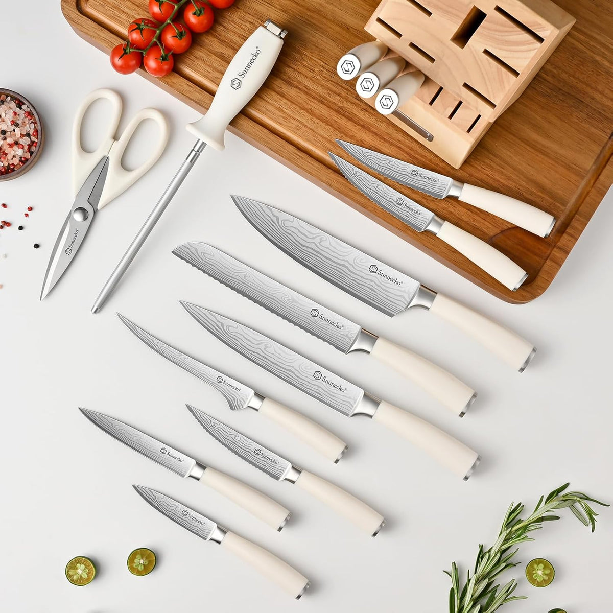 Knife Set with Block and Sharpener, 15 Piece Kitchen Knife Block Set Sharp Kitchen Knives High Carbon Stainless Steel with White Handles
