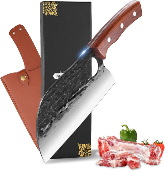 8 Inch Serbian Butcher Knife, Hand Forged Meat Cleaver | Meat Cutting Knife, Ergonomic Wood Handle, Ideal for Kitchen, BBQ & Outdoor Cooking