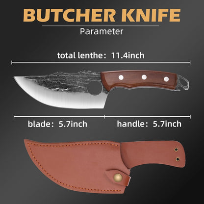 8 Inch Serbian Butcher Knife, Hand Forged Meat Cleaver | Meat Cutting Knife, Ergonomic Wood Handle, Ideal for Kitchen, BBQ & Outdoor Cooking