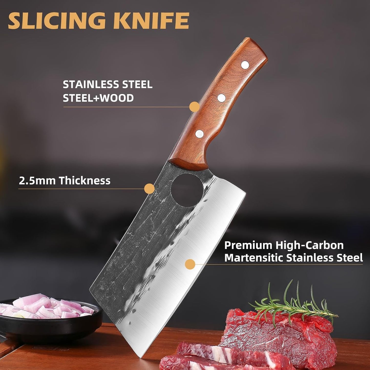 8 Inch Serbian Butcher Knife, Hand Forged Meat Cleaver | Meat Cutting Knife, Ergonomic Wood Handle, Ideal for Kitchen, BBQ & Outdoor Cooking