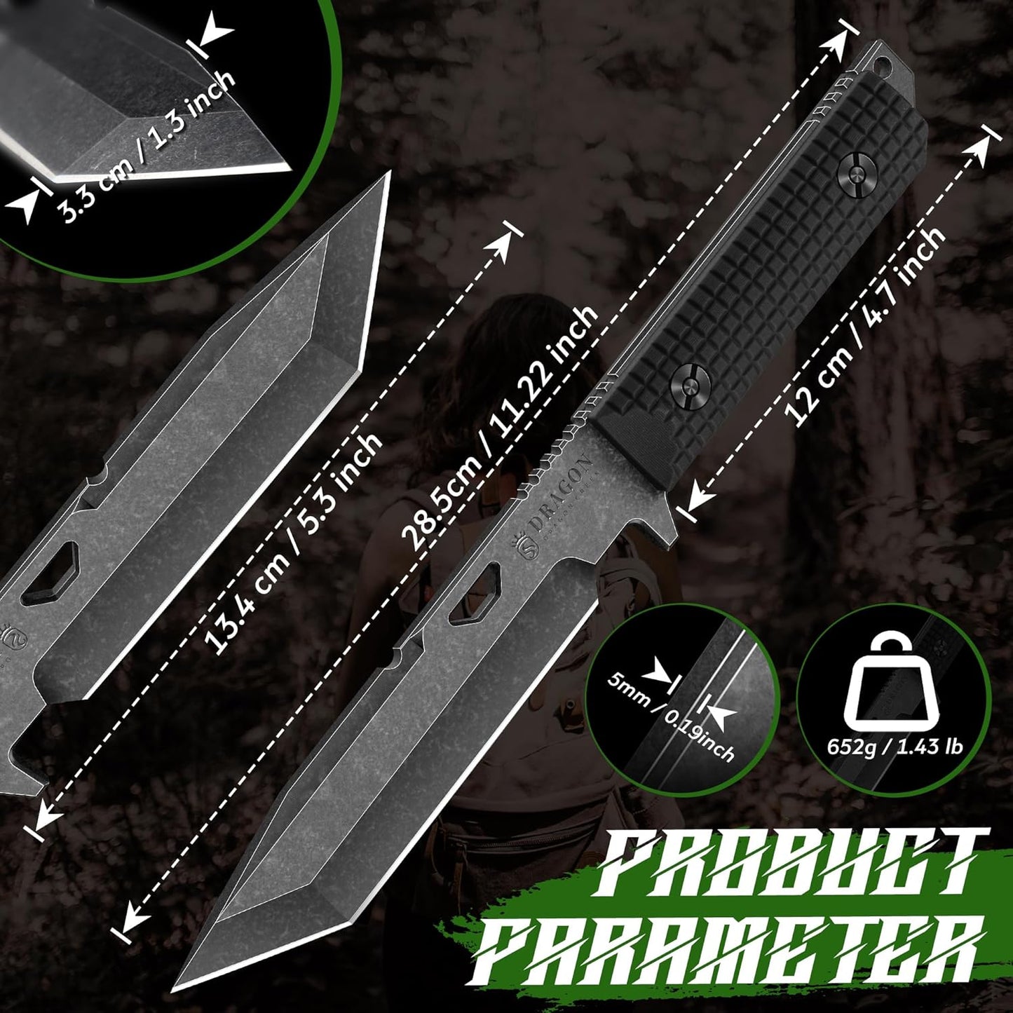 Tactical Knife Kydex - Outdoor Survival Knife with Sheath D2 Steel Blade G10 Full Tang Handle for Camping Hiking Christmas Thanksgiving Gift Men Black
