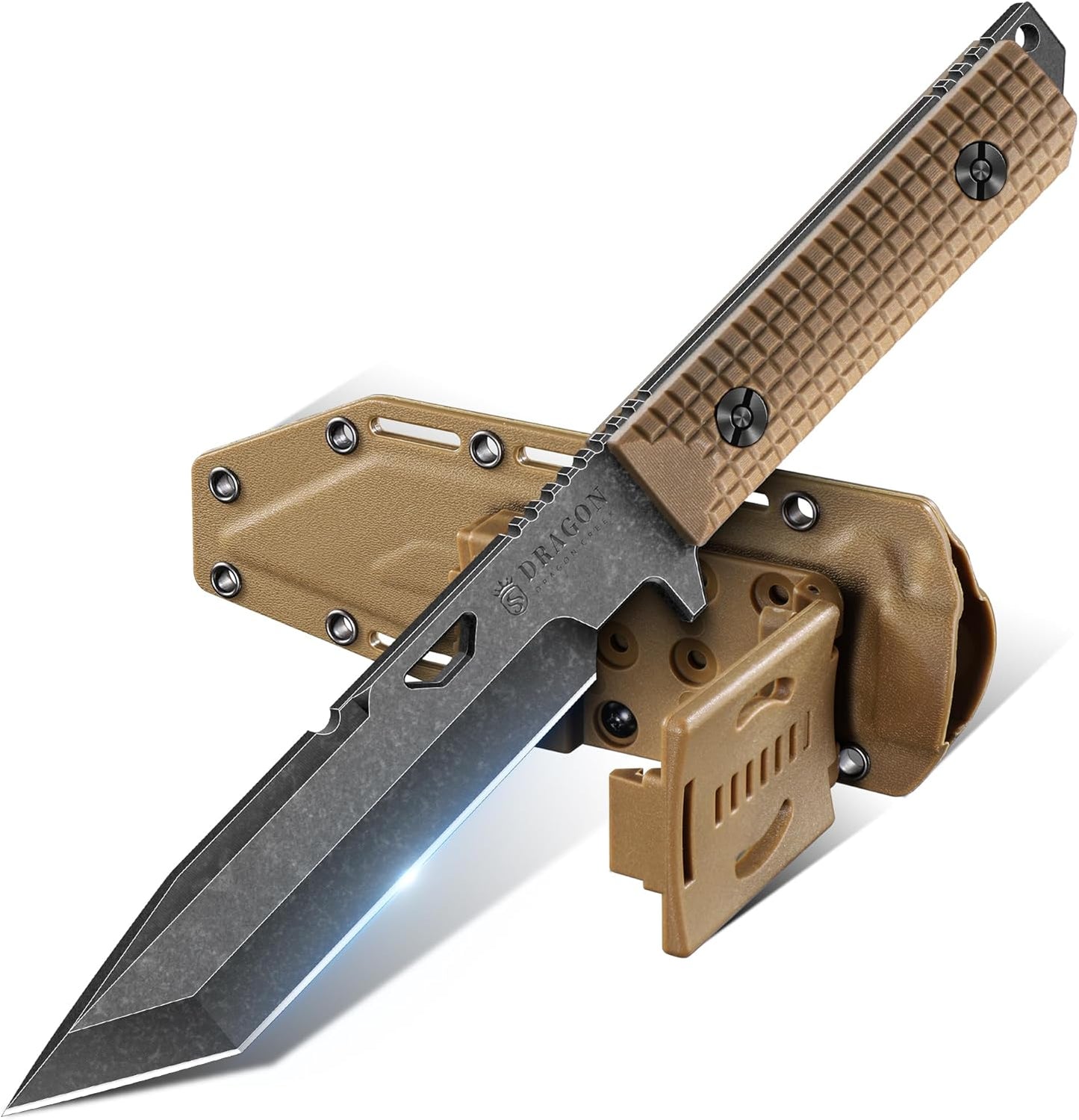 Tactical Knife Kydex - Outdoor Survival Knife with Sheath D2 Steel Blade G10 Full Tang Handle for Camping Hiking Christmas Thanksgiving Gift Men Black