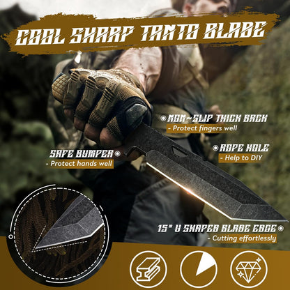 Tactical Knife Kydex - Outdoor Survival Knife with Sheath D2 Steel Blade G10 Full Tang Handle for Camping Hiking Christmas Thanksgiving Gift Men Black