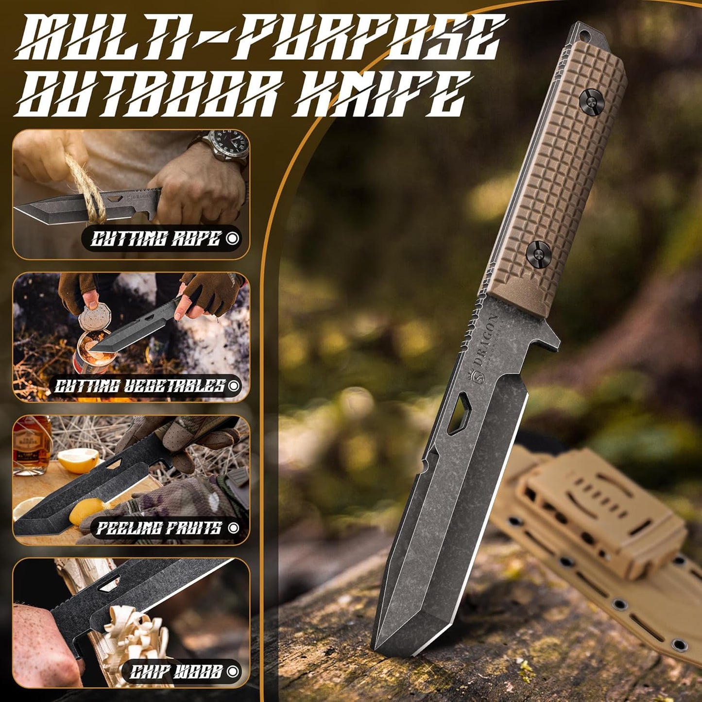 Tactical Knife Kydex - Outdoor Survival Knife with Sheath D2 Steel Blade G10 Full Tang Handle for Camping Hiking Christmas Thanksgiving Gift Men Black