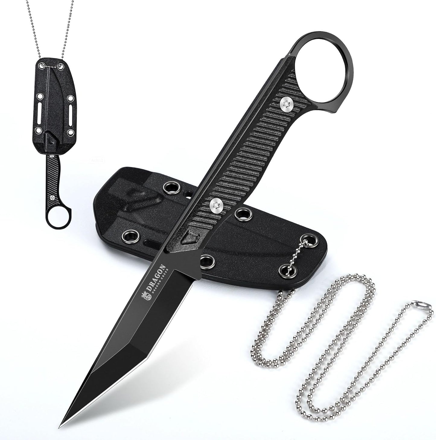 Tactical Knife Kydex - Outdoor Survival Knife with Sheath D2 Steel Blade G10 Full Tang Handle for Camping Hiking Christmas Thanksgiving Gift Men Black