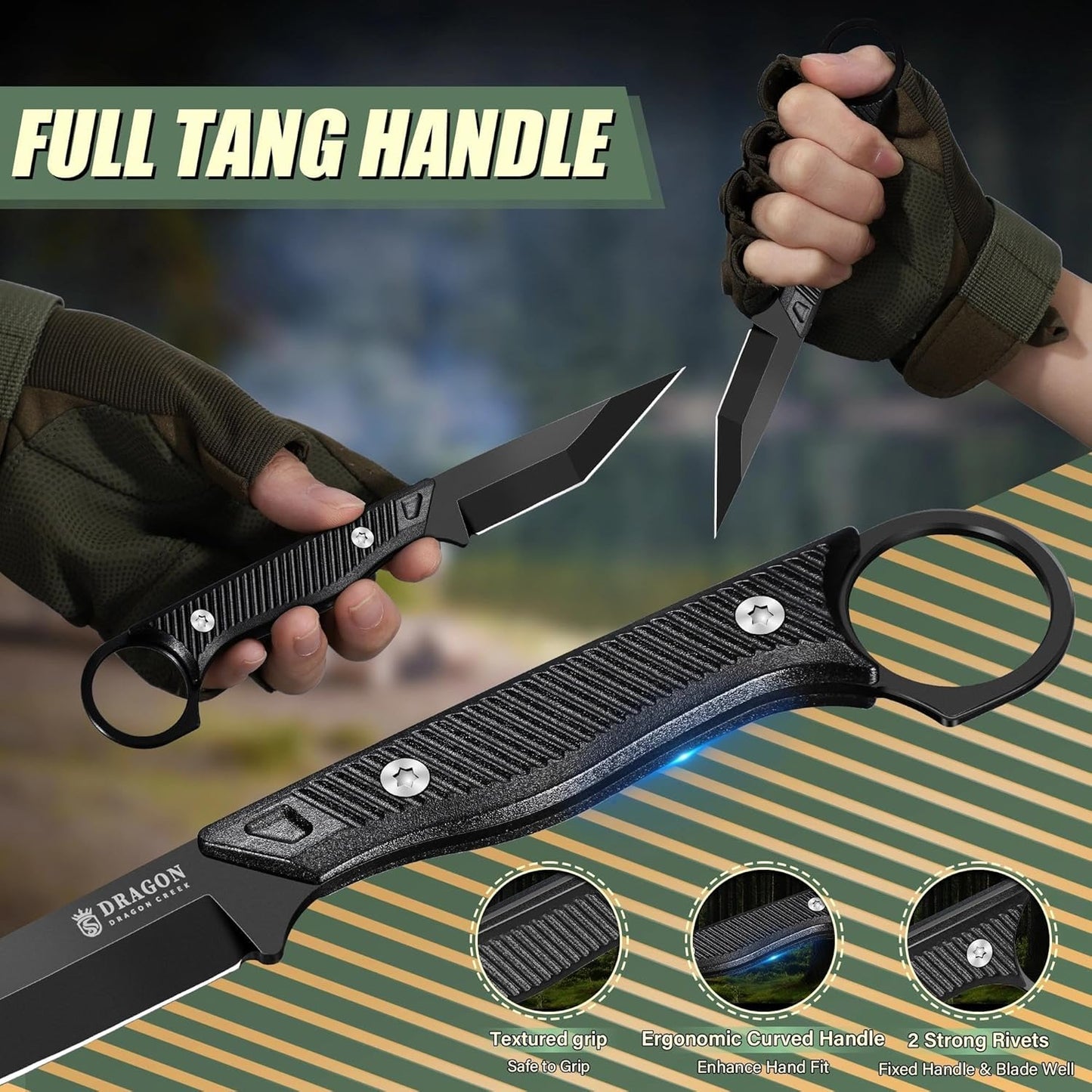 Tactical Knife Kydex - Outdoor Survival Knife with Sheath D2 Steel Blade G10 Full Tang Handle for Camping Hiking Christmas Thanksgiving Gift Men Black