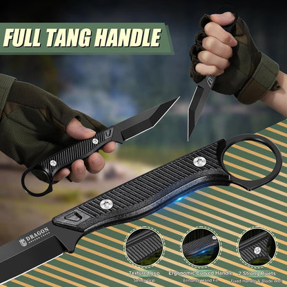 Tactical Knife Kydex - Outdoor Survival Knife with Sheath D2 Steel Blade G10 Full Tang Handle for Camping Hiking Christmas Thanksgiving Gift Men Black