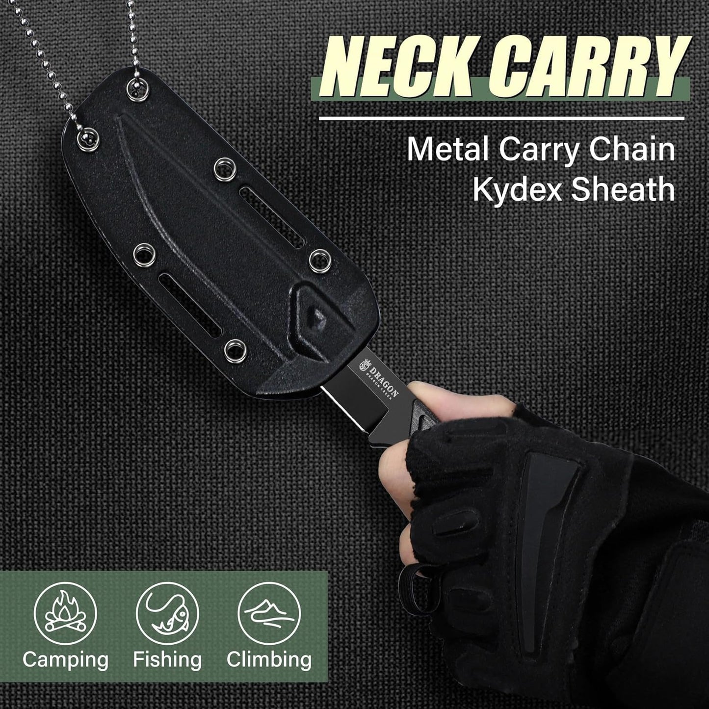 Tactical Knife Kydex - Outdoor Survival Knife with Sheath D2 Steel Blade G10 Full Tang Handle for Camping Hiking Christmas Thanksgiving Gift Men Black