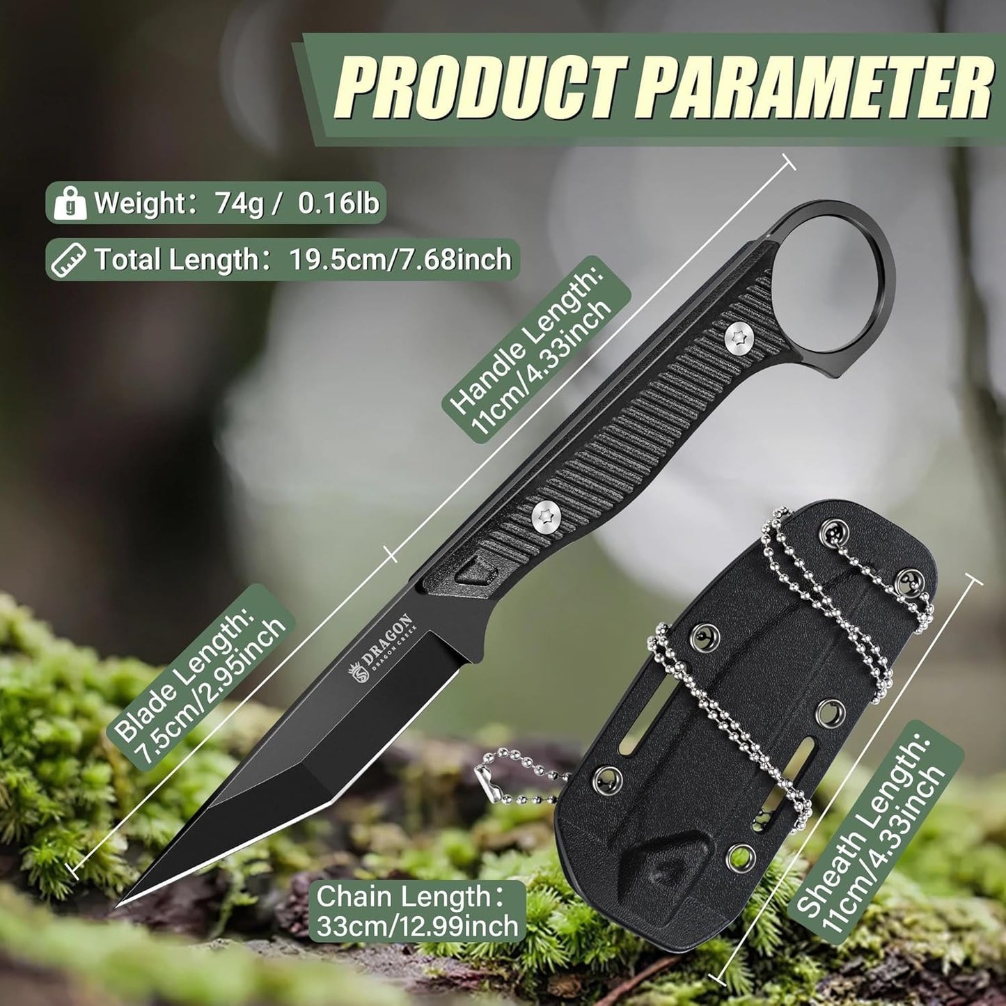 Tactical Knife Kydex - Outdoor Survival Knife with Sheath D2 Steel Blade G10 Full Tang Handle for Camping Hiking Christmas Thanksgiving Gift Men Black