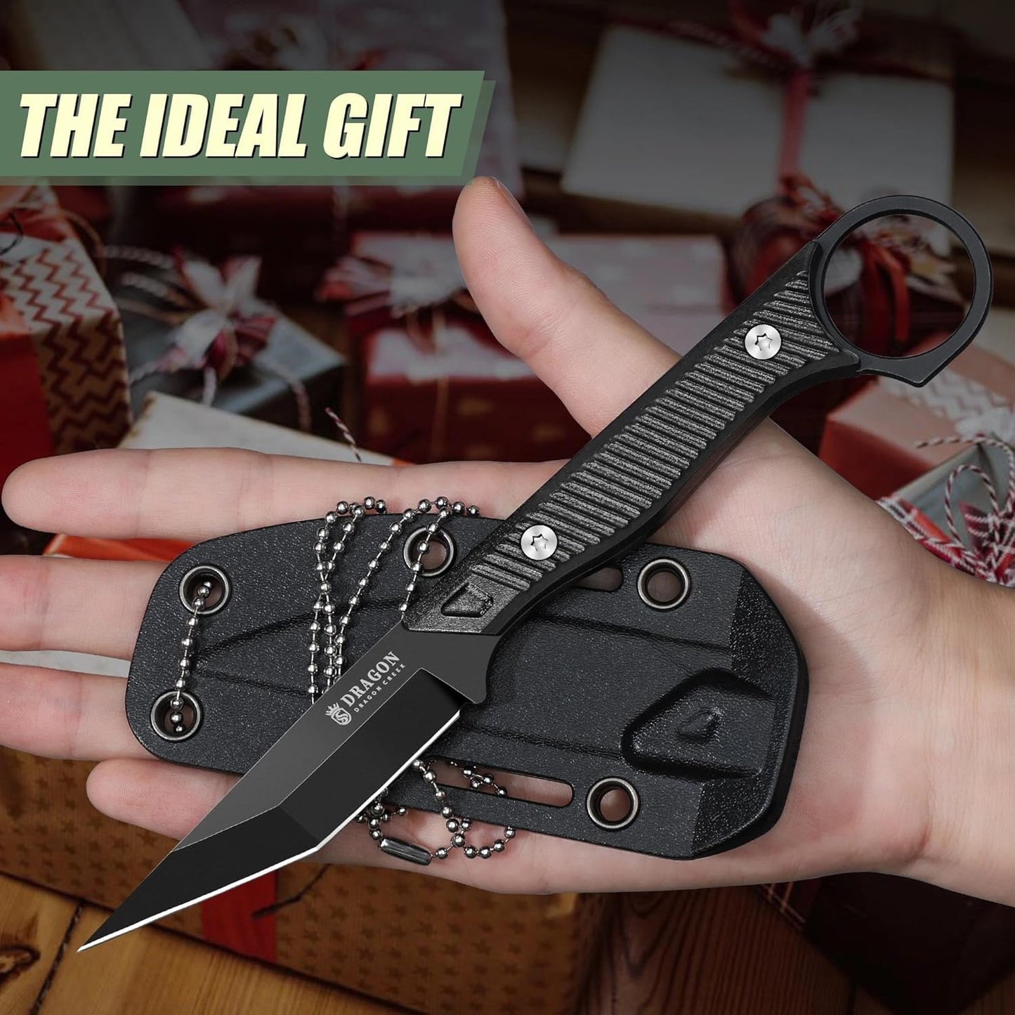 Tactical Knife Kydex - Outdoor Survival Knife with Sheath D2 Steel Blade G10 Full Tang Handle for Camping Hiking Christmas Thanksgiving Gift Men Black
