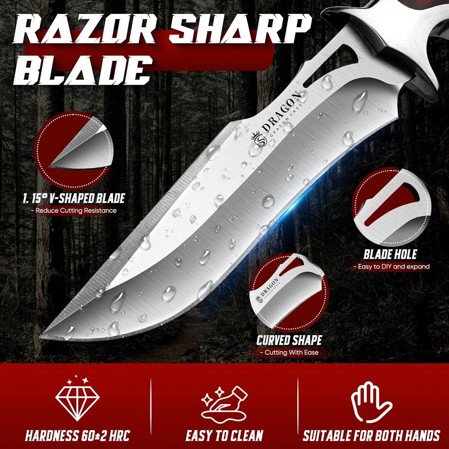 Tactical Knife Kydex - Outdoor Survival Knife with Sheath D2 Steel Blade G10 Full Tang Handle for Camping Hiking Christmas Thanksgiving Gift Men Black
