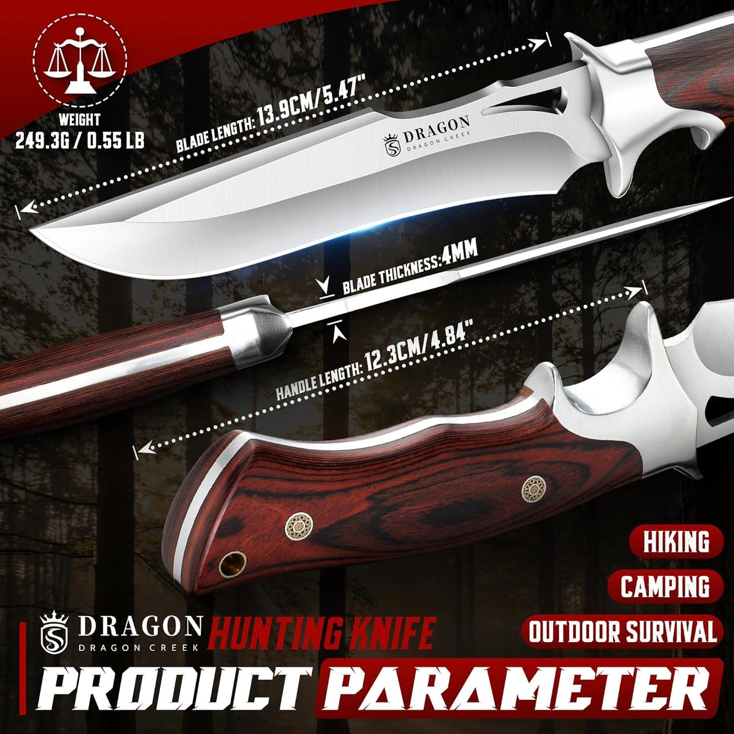 Tactical Knife Kydex - Outdoor Survival Knife with Sheath D2 Steel Blade G10 Full Tang Handle for Camping Hiking Christmas Thanksgiving Gift Men Black