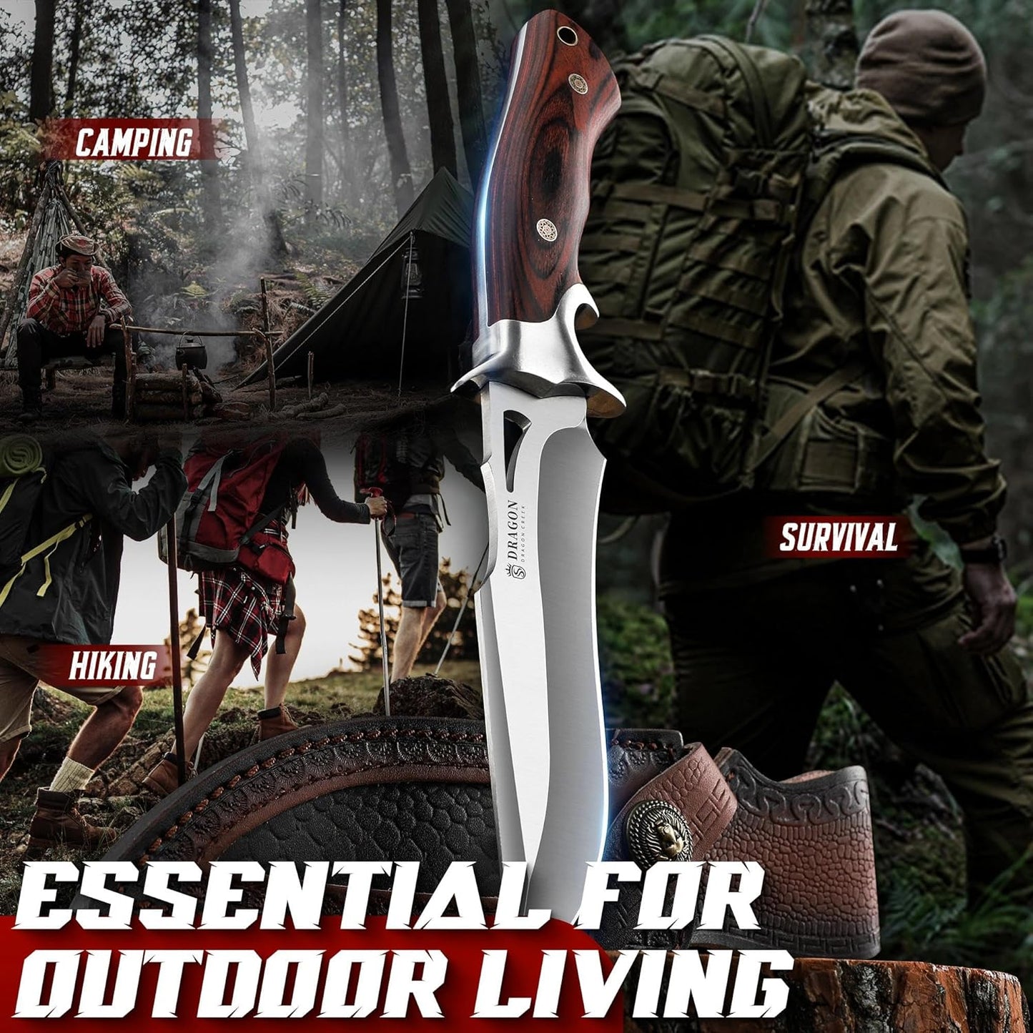 Tactical Knife Kydex - Outdoor Survival Knife with Sheath D2 Steel Blade G10 Full Tang Handle for Camping Hiking Christmas Thanksgiving Gift Men Black