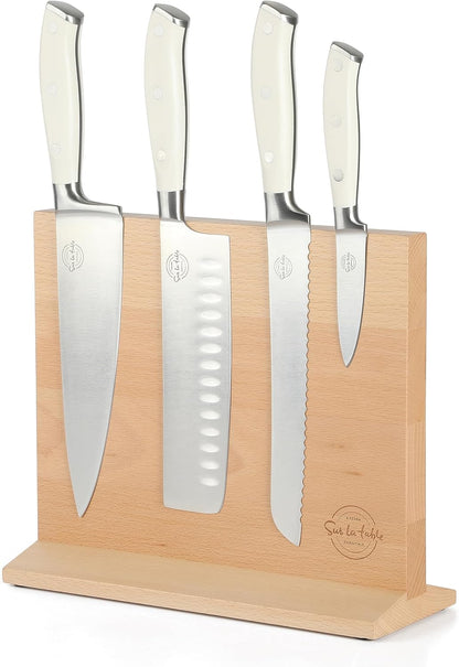 Kitchen Essentials 5 Piece German Steel Blade w/Triple Riveted Handle Set on Beechwood Magnetic Block - Linen White