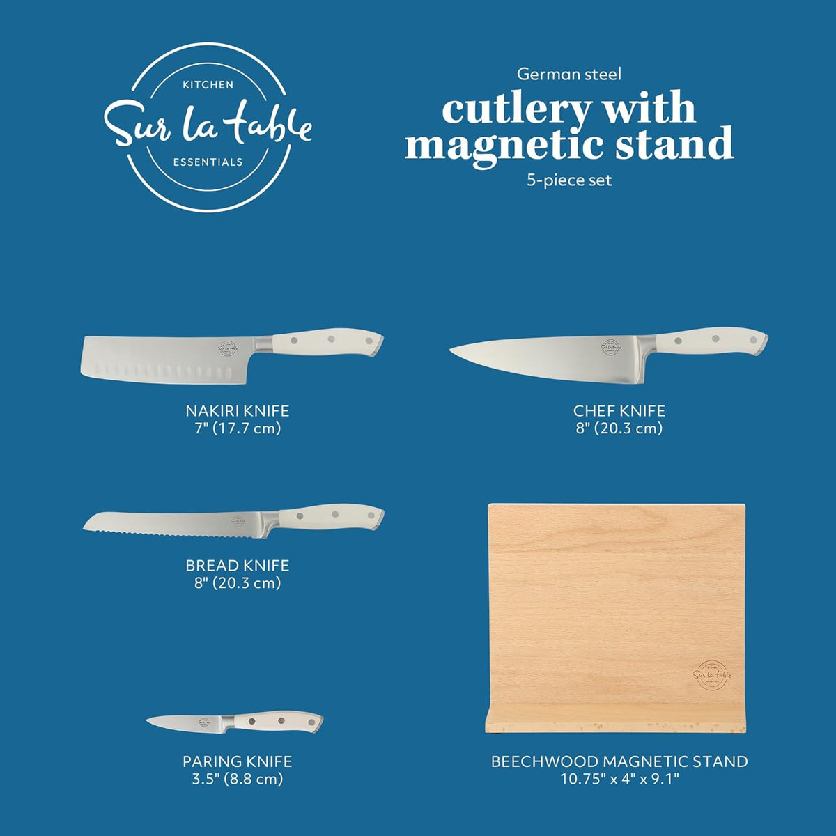 Kitchen Essentials 5 Piece German Steel Blade w/Triple Riveted Handle Set on Beechwood Magnetic Block - Linen White