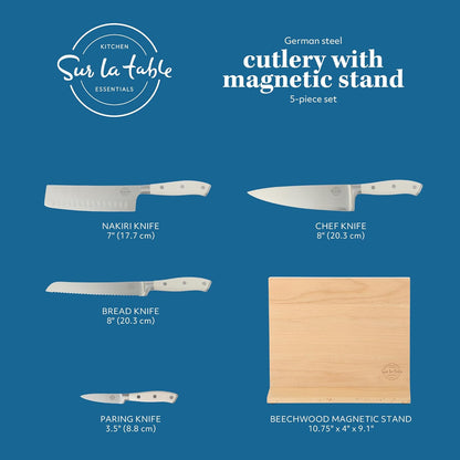 Kitchen Essentials 5 Piece German Steel Blade w/Triple Riveted Handle Set on Beechwood Magnetic Block - Linen White