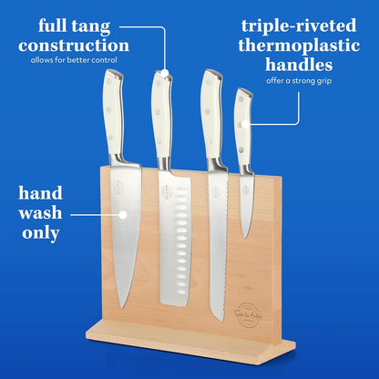 Kitchen Essentials 5 Piece German Steel Blade w/Triple Riveted Handle Set on Beechwood Magnetic Block - Linen White