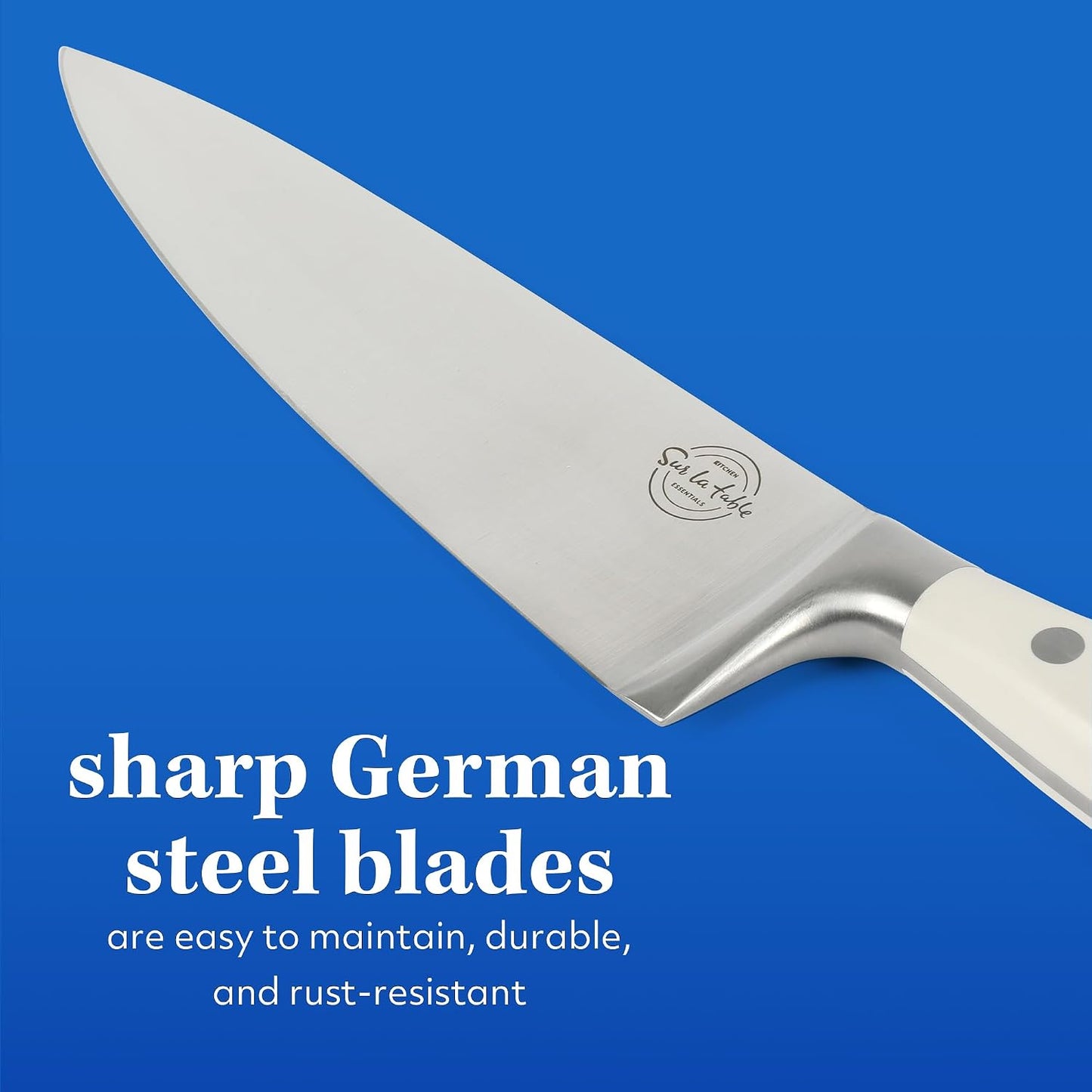 Kitchen Essentials 5 Piece German Steel Blade w/Triple Riveted Handle Set on Beechwood Magnetic Block - Linen White