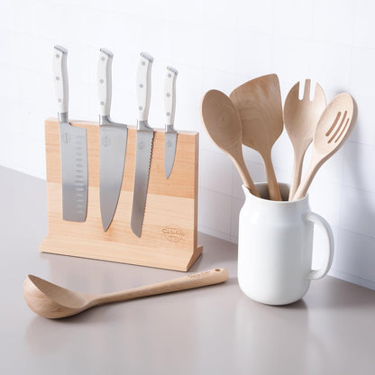 Kitchen Essentials 5 Piece German Steel Blade w/Triple Riveted Handle Set on Beechwood Magnetic Block - Linen White