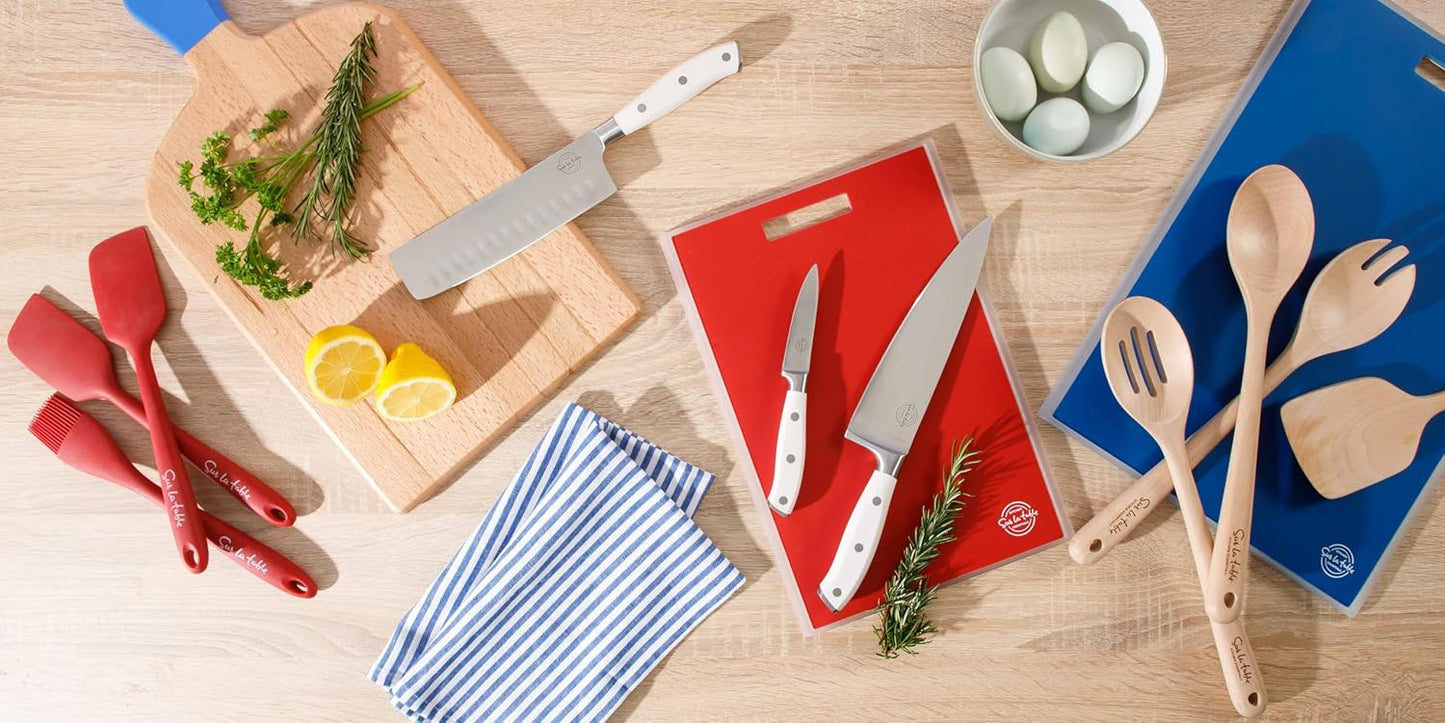 Kitchen Essentials 5 Piece German Steel Blade w/Triple Riveted Handle Set on Beechwood Magnetic Block - Linen White