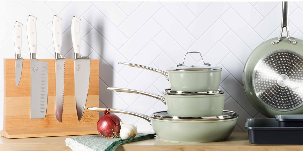 Kitchen Essentials 5 Piece German Steel Blade w/Triple Riveted Handle Set on Beechwood Magnetic Block - Linen White