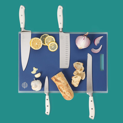 Kitchen Essentials 5 Piece German Steel Blade w/Triple Riveted Handle Set on Beechwood Magnetic Block - Linen White