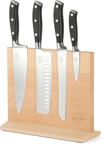 Kitchen Essentials 5 Piece German Steel Blade w/Triple Riveted Handle Set on Beechwood Magnetic Block - Linen White