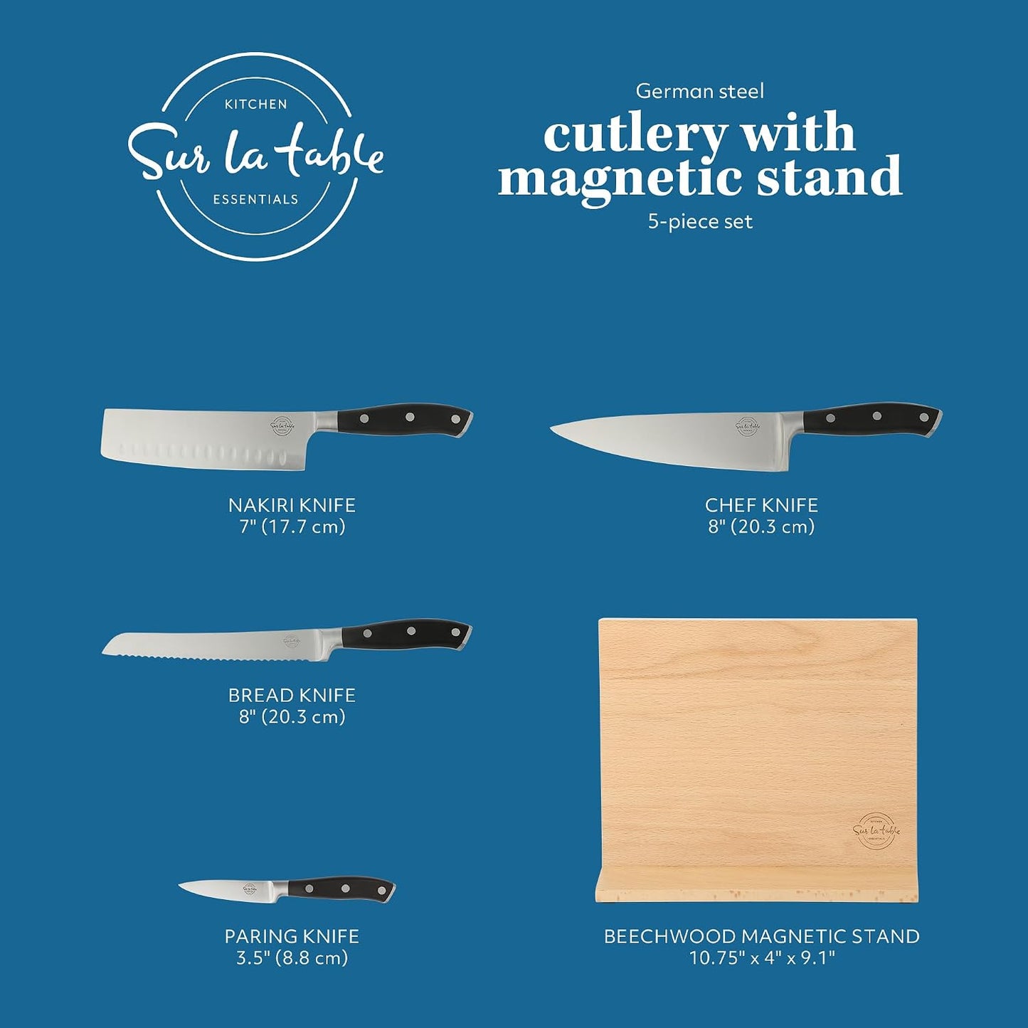 Kitchen Essentials 5 Piece German Steel Blade w/Triple Riveted Handle Set on Beechwood Magnetic Block - Linen White