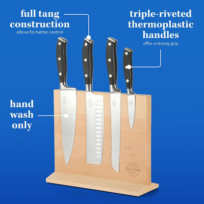 Kitchen Essentials 5 Piece German Steel Blade w/Triple Riveted Handle Set on Beechwood Magnetic Block - Linen White