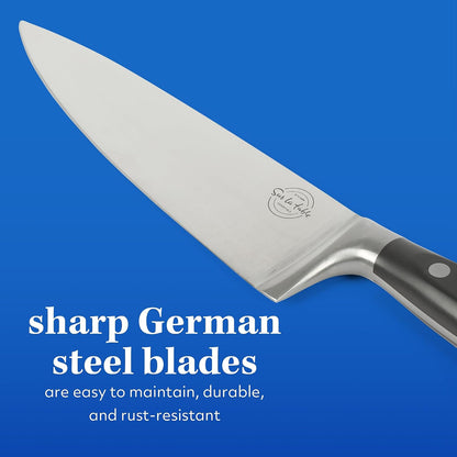 Kitchen Essentials 5 Piece German Steel Blade w/Triple Riveted Handle Set on Beechwood Magnetic Block - Linen White