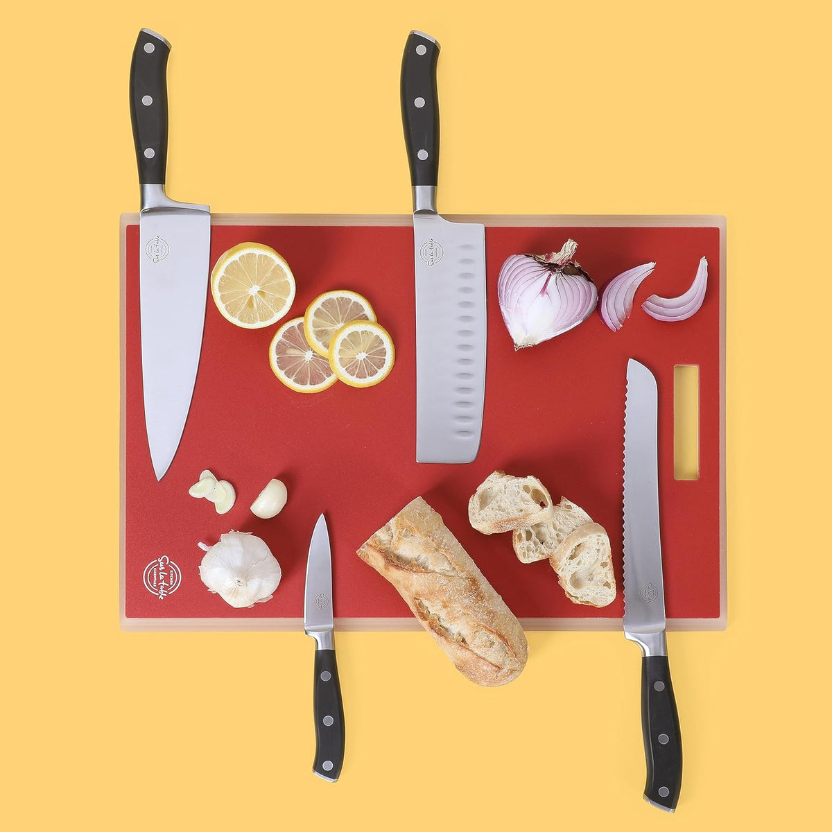 Kitchen Essentials 5 Piece German Steel Blade w/Triple Riveted Handle Set on Beechwood Magnetic Block - Linen White