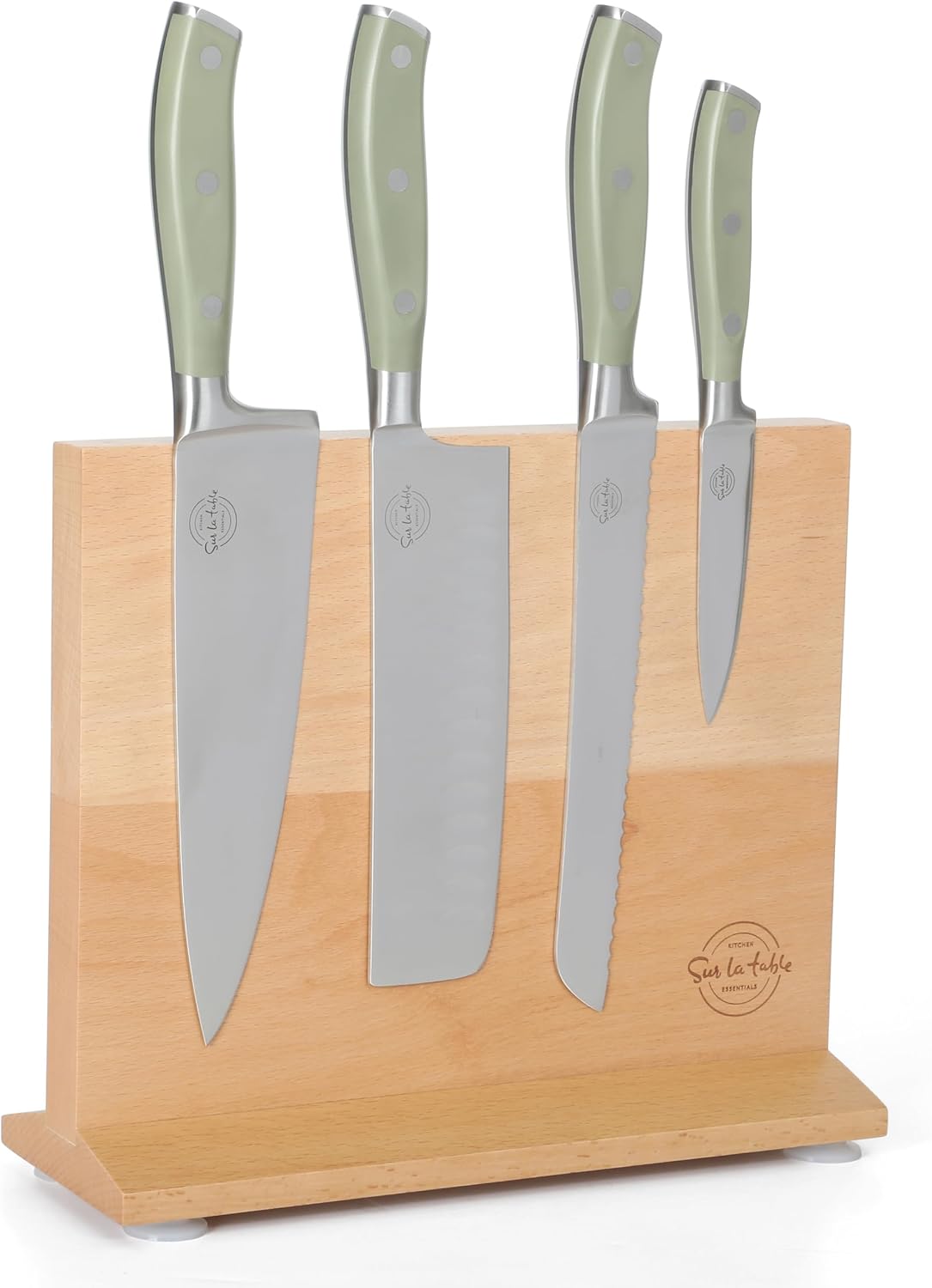 Kitchen Essentials 5 Piece German Steel Blade w/Triple Riveted Handle Set on Beechwood Magnetic Block - Linen White