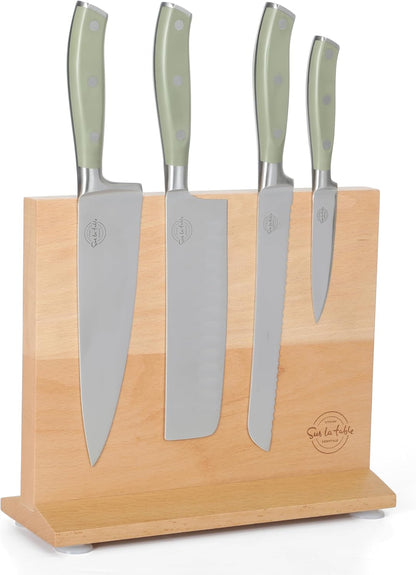 Kitchen Essentials 5 Piece German Steel Blade w/Triple Riveted Handle Set on Beechwood Magnetic Block - Linen White