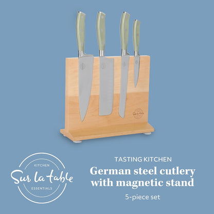 Kitchen Essentials 5 Piece German Steel Blade w/Triple Riveted Handle Set on Beechwood Magnetic Block - Linen White